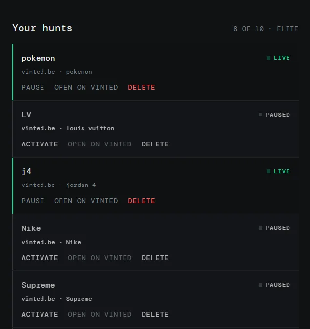 Liste des recherches SNYPD, chacune une recherche Vinted sur vinted.be, certaines actives et d’autres en pause